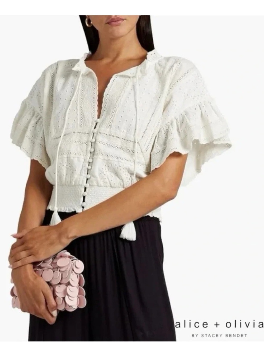 Alice + Olivia Tabitha Eyelet-Embroidered Broderie Smocked Flutter Sleeve Top